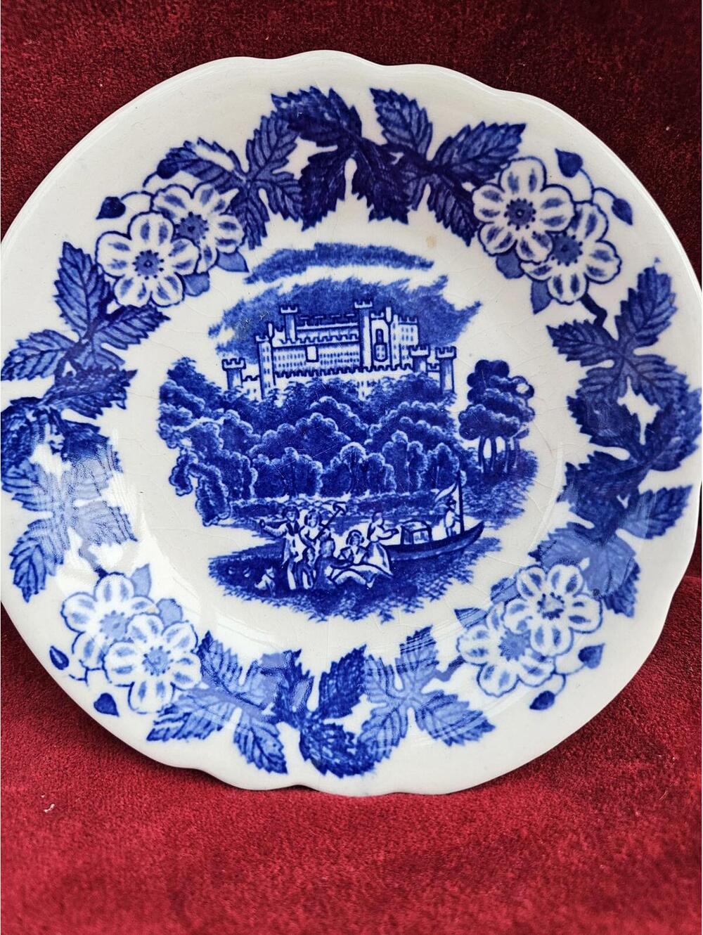 Vintage Japanese Blue & White Transferware Plate - Castle & Boat Scene